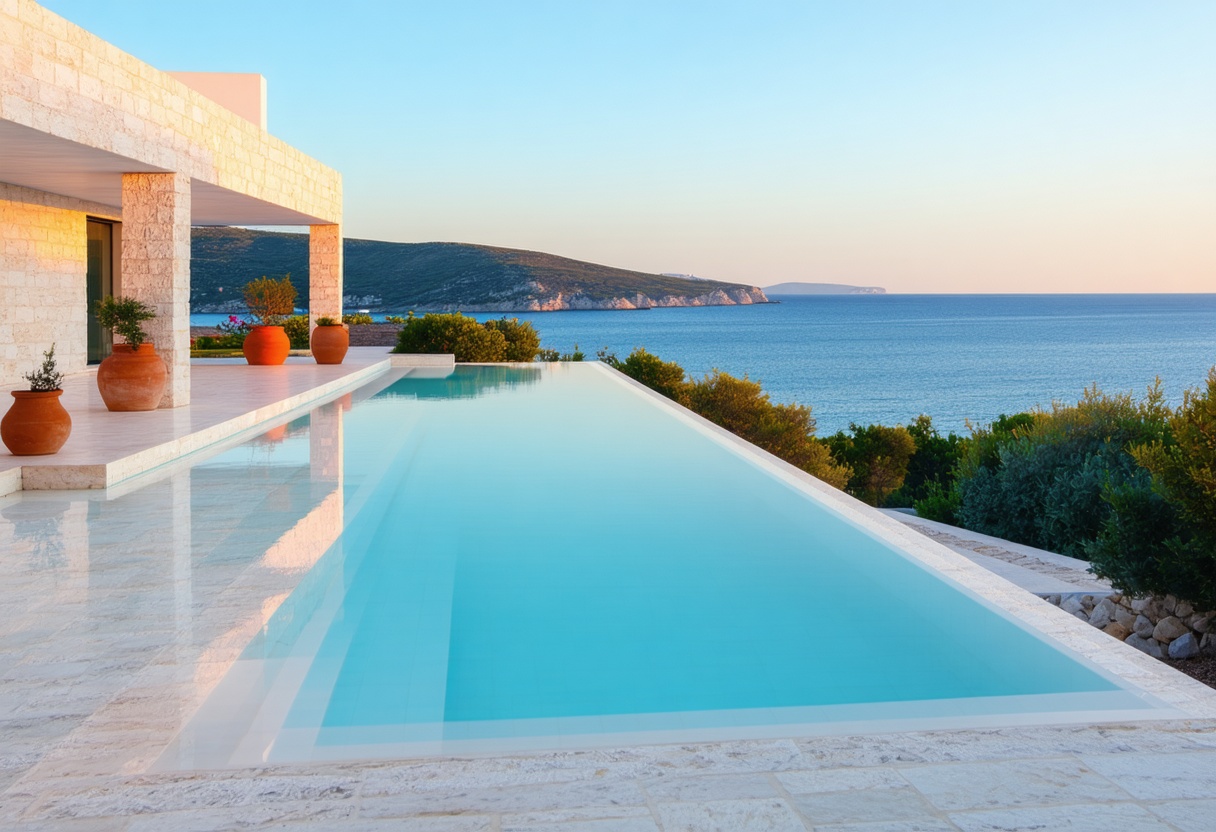 Koya bakan sonsuzluk havuzlu beyaz taş villa terası